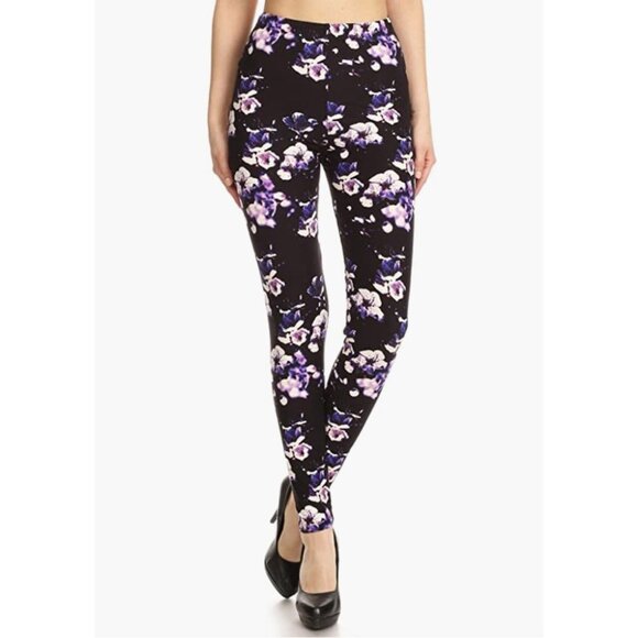 Purple‎ & Black Floral Flower Blossom Printed Leggings Tights - Picture 5 of 5